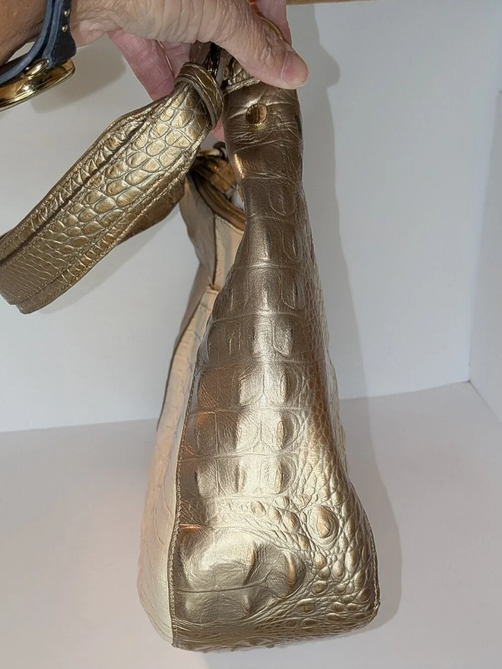 Brahmin Amira Hobo Shoulder Bag Leather Croc Embossed Champagne Koubba